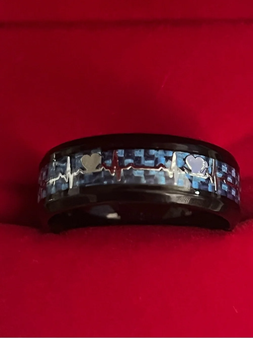Black Titanium Men's Ring with Blue Inlay and Heartbeat Design Size 11